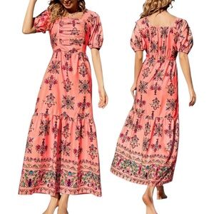 Luna Tuccini Floral Puff Sleeve Ruched Pink Maxi Dress Womens Small